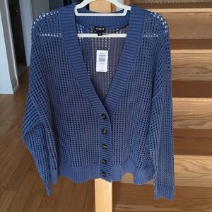 Torrid NWT Cotton Open Stitch Blue Horizon Open-Weave Button Cardigan